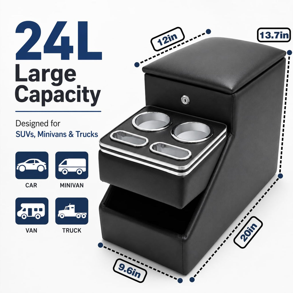 24L Center Console Organizer with Dual Cup Holders and Storage Armrest for SUVs Trucks Minivans