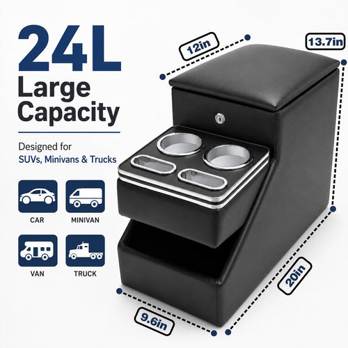 24L Center Console Organizer with Dual Cup Holders and Storage Armrest for SUVs Trucks Minivans