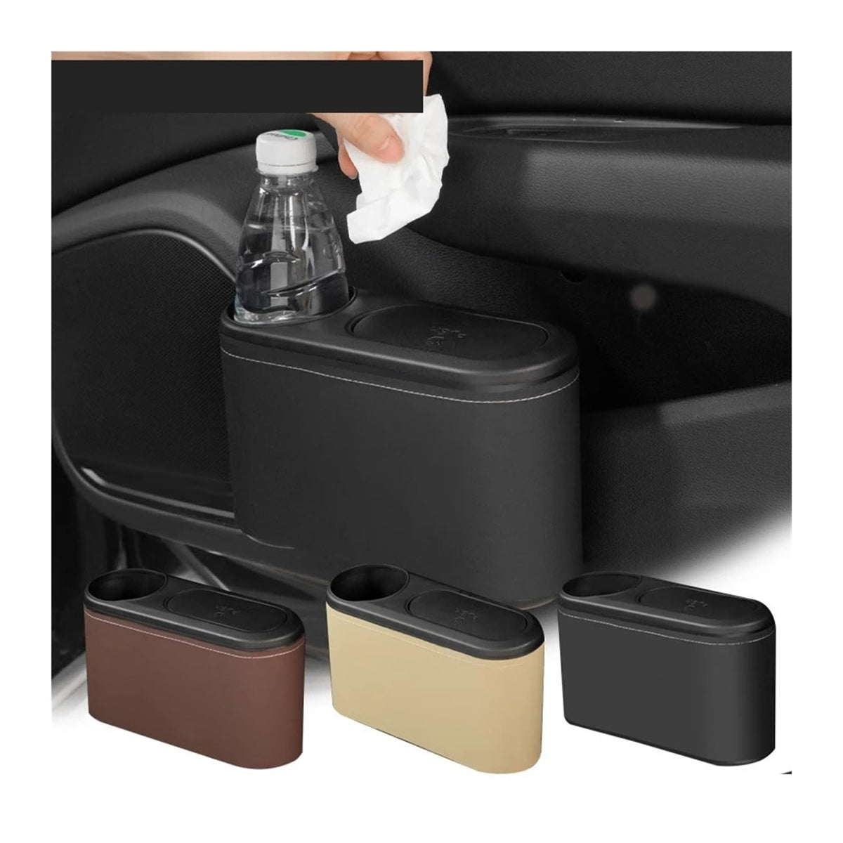 Leather Hanging Car Trash Bin with Drink Holder Rear Seat Organizer