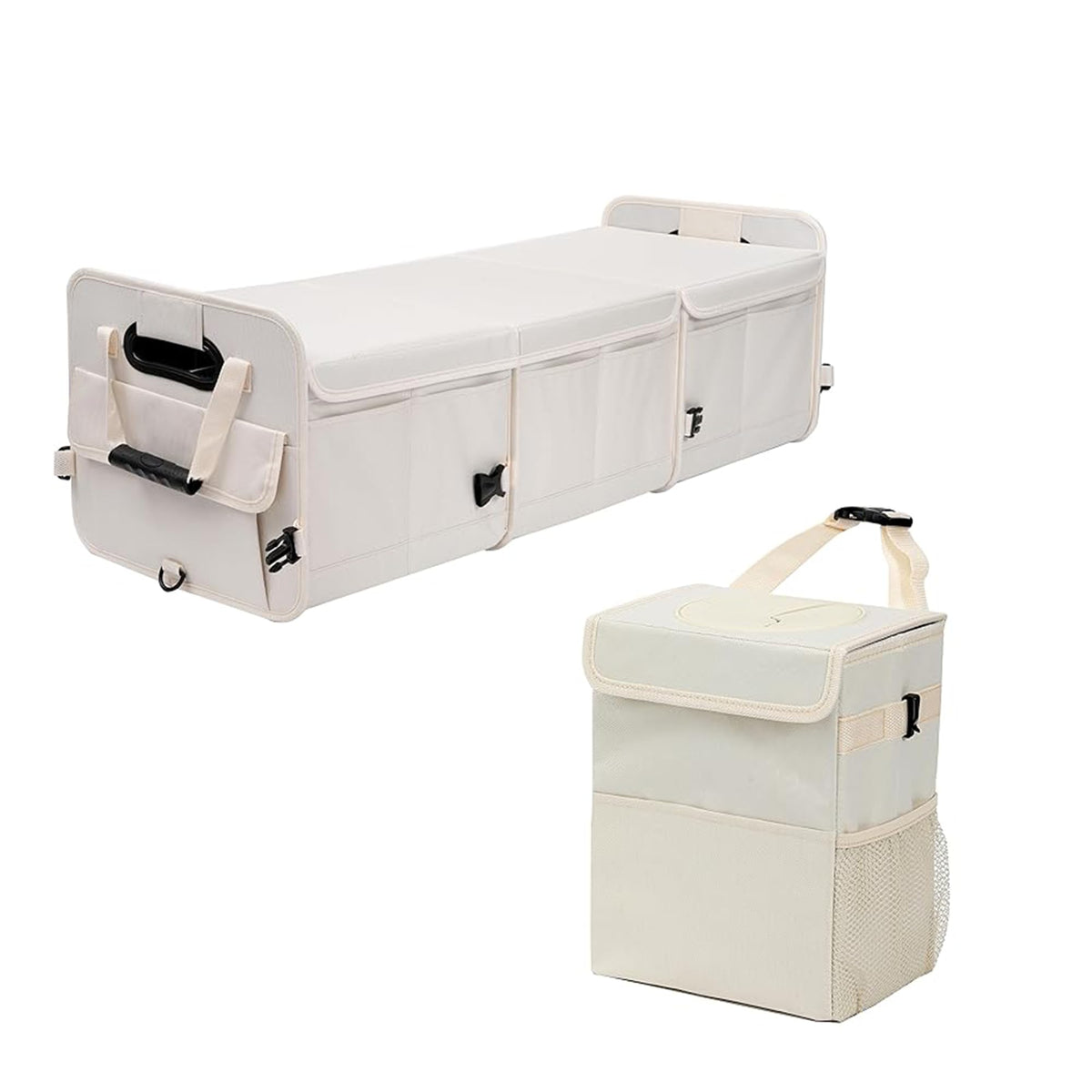 AOKJOY Car Trunk Organizer with Lid and Car Trash Can Beige