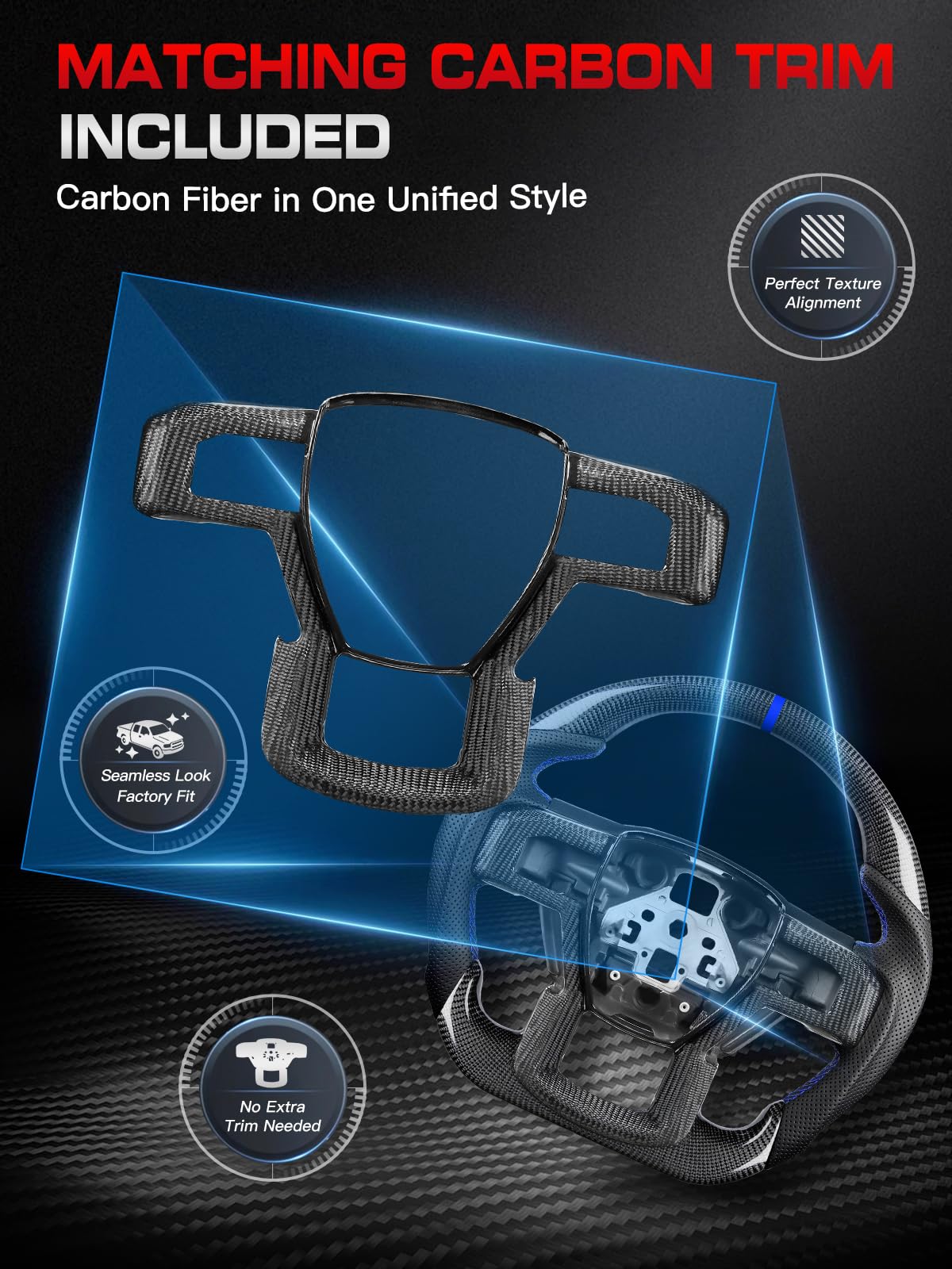 F150 Raptor Carbon Fiber Leather Steering Wheel Hand-Stitched Black