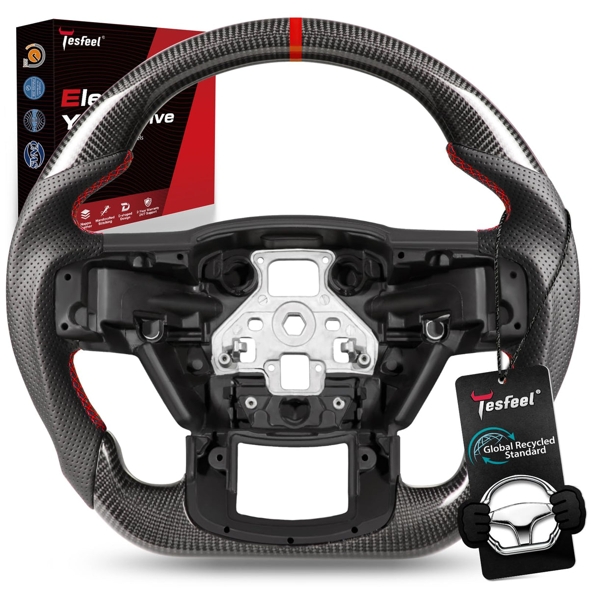 F150 Raptor Carbon Fiber Leather Steering Wheel Hand-Stitched Black
