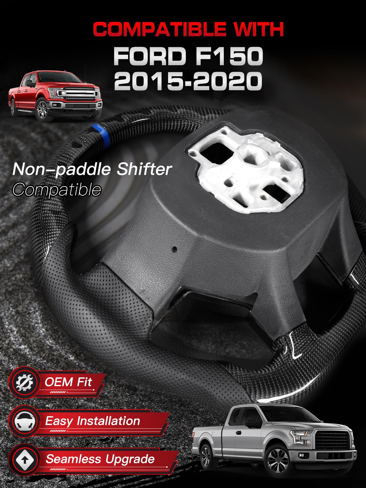 F150 Raptor Carbon Fiber Leather Steering Wheel Hand-Stitched Black