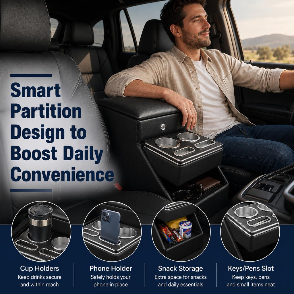 24L Center Console Organizer with Dual Cup Holders and Storage Armrest for SUVs Trucks Minivans