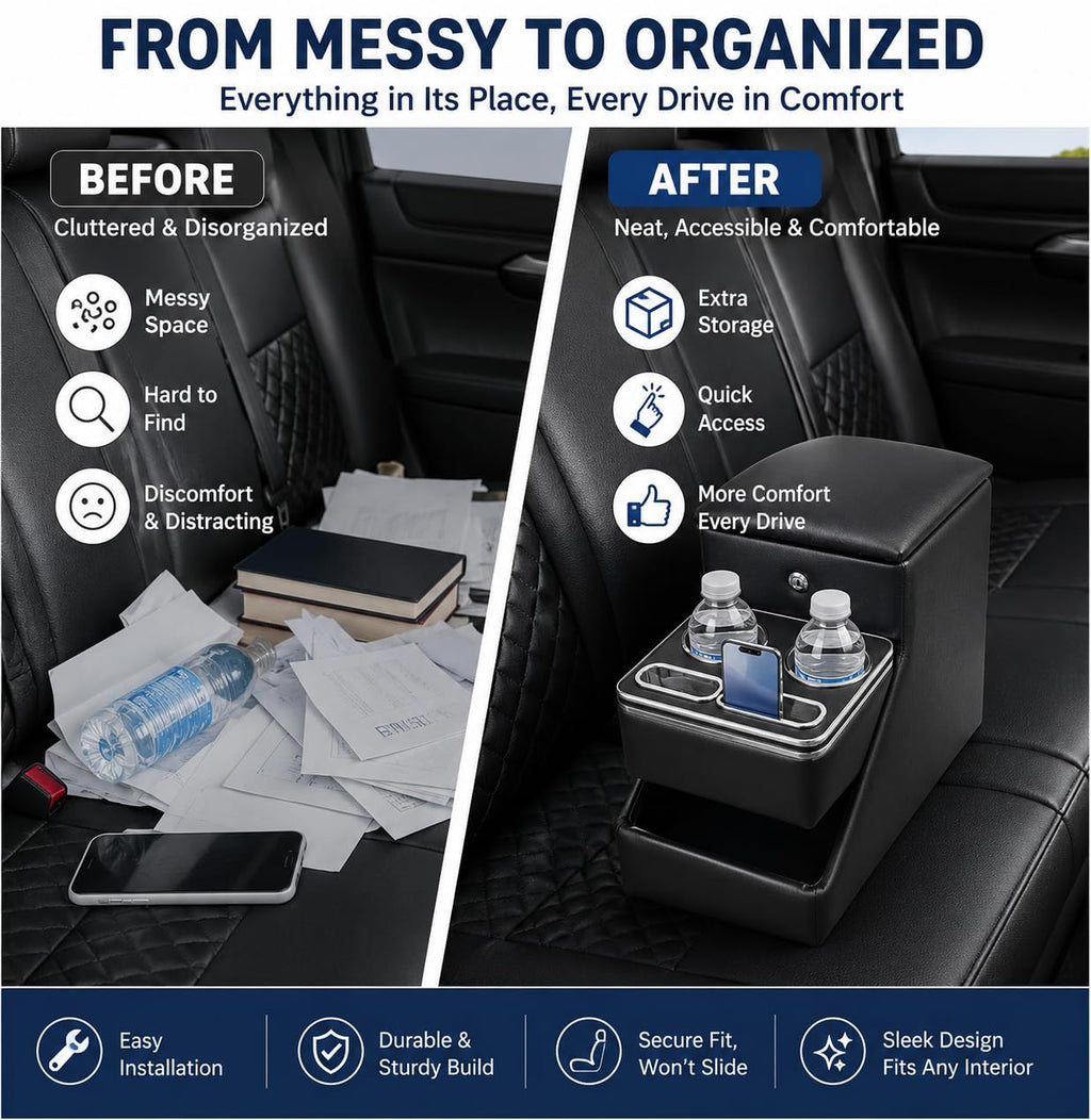 24L Center Console Organizer with Dual Cup Holders and Storage Armrest for SUVs Trucks Minivans
