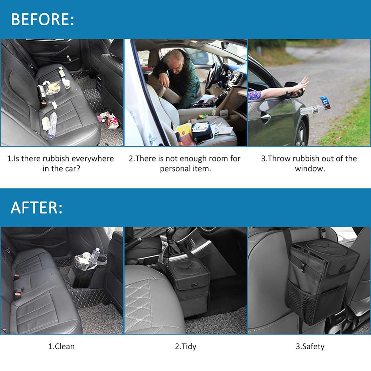 Leakproof Car Trash Bin Large Opening Storage Organizer