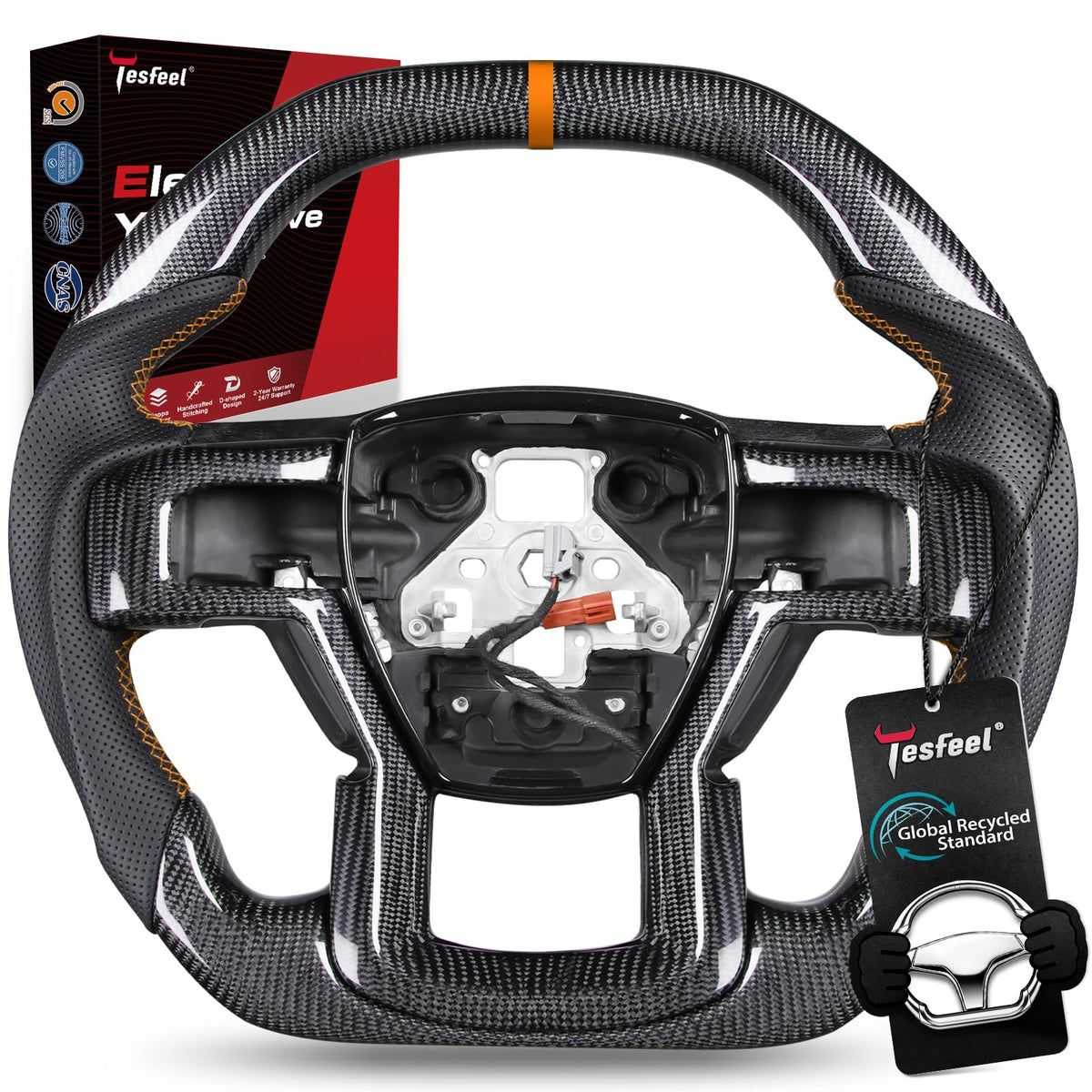 F150 Raptor Carbon Fiber Leather Steering Wheel Hand-Stitched Black