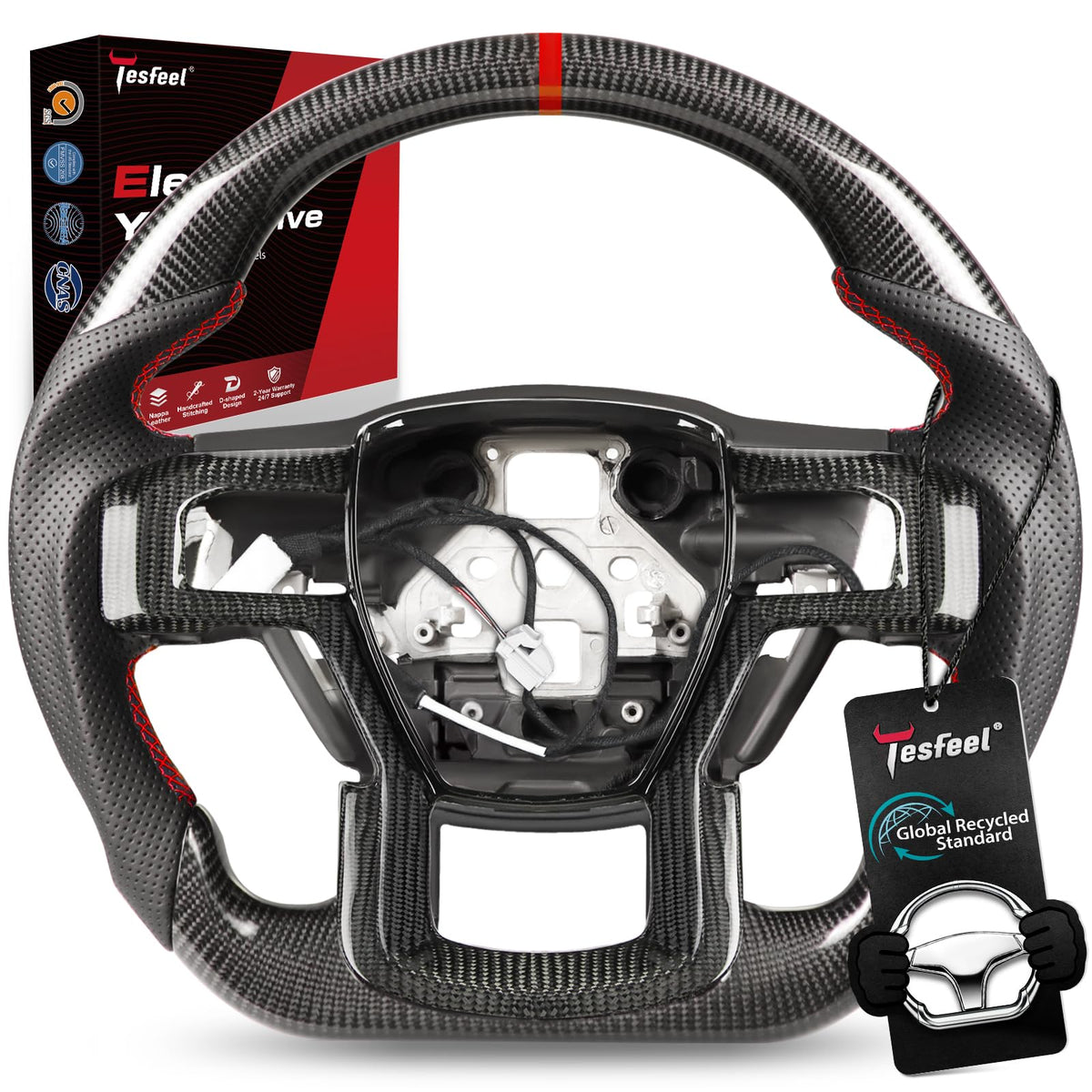 F150 Raptor Carbon Fiber Leather Steering Wheel Hand-Stitched Black