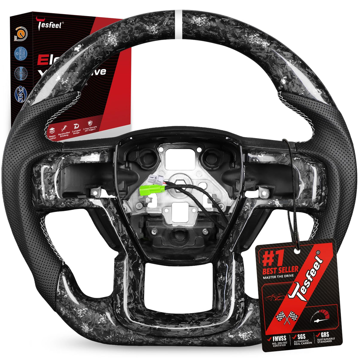 F150 Raptor Carbon Fiber Leather Steering Wheel Hand-Stitched Black