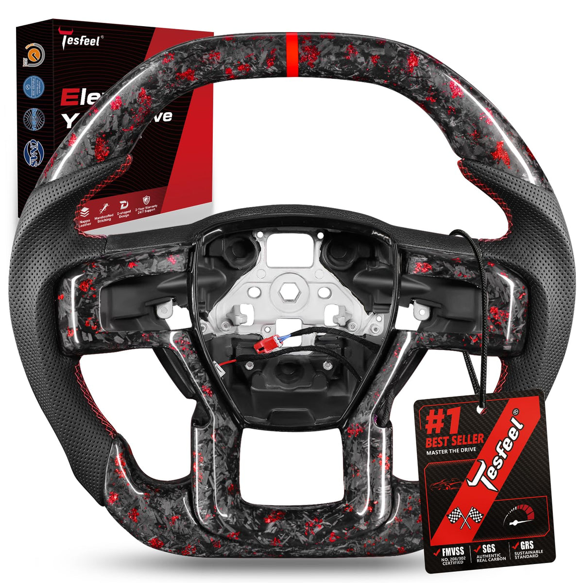 F150 Raptor Carbon Fiber Leather Steering Wheel Hand-Stitched Black
