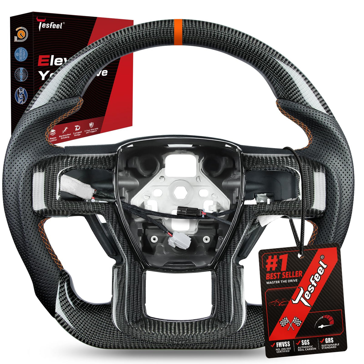 F150 Raptor Carbon Fiber Leather Steering Wheel Hand-Stitched Black