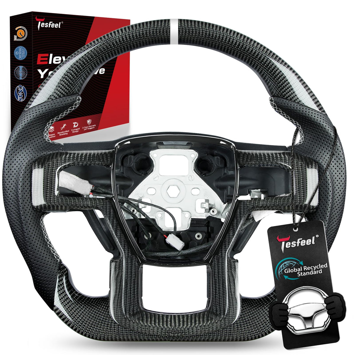 F150 Raptor Carbon Fiber Leather Steering Wheel Hand-Stitched Black