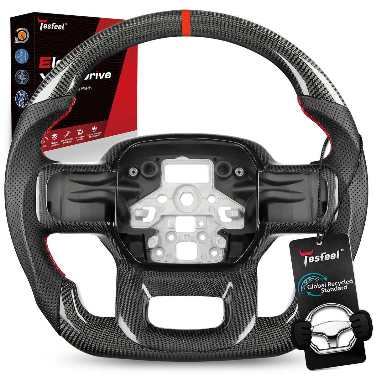 F150 Raptor Carbon Fiber Leather Steering Wheel Hand-Stitched Black