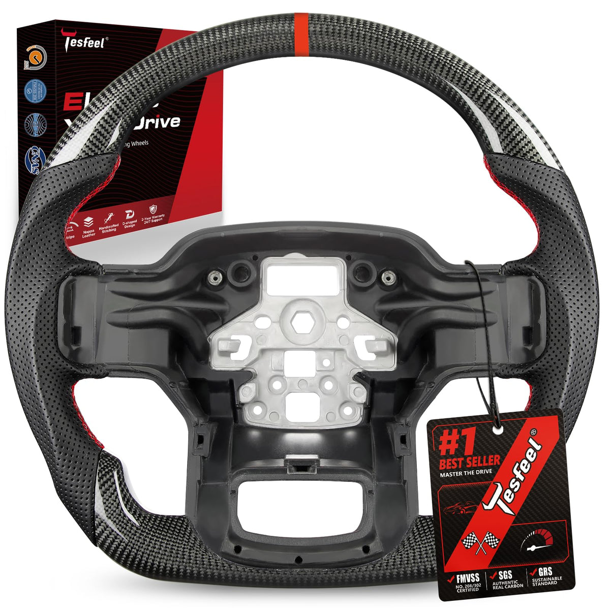 F150 Raptor Carbon Fiber Leather Steering Wheel Hand-Stitched Black