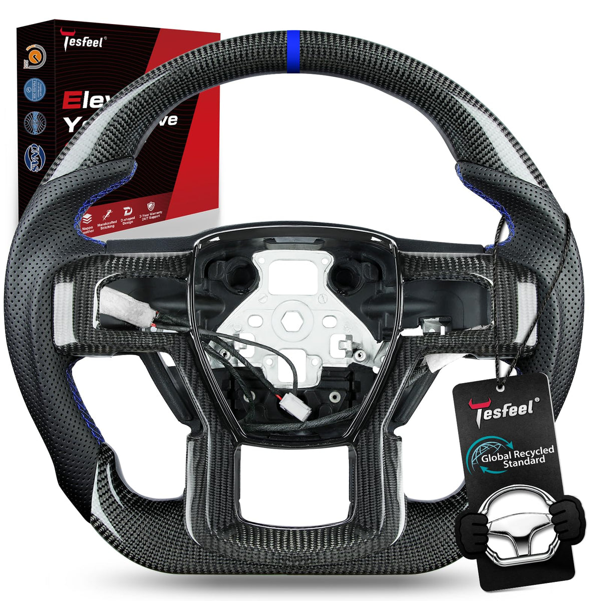F150 Raptor Carbon Fiber Leather Steering Wheel Hand-Stitched Black