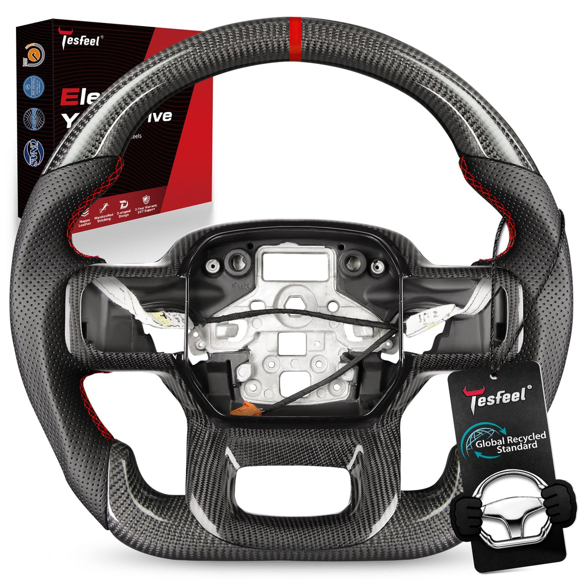 F150 Raptor Carbon Fiber Leather Steering Wheel Hand-Stitched Black