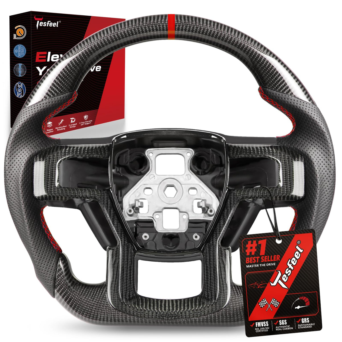 F150 Raptor Carbon Fiber Leather Steering Wheel Hand-Stitched Black