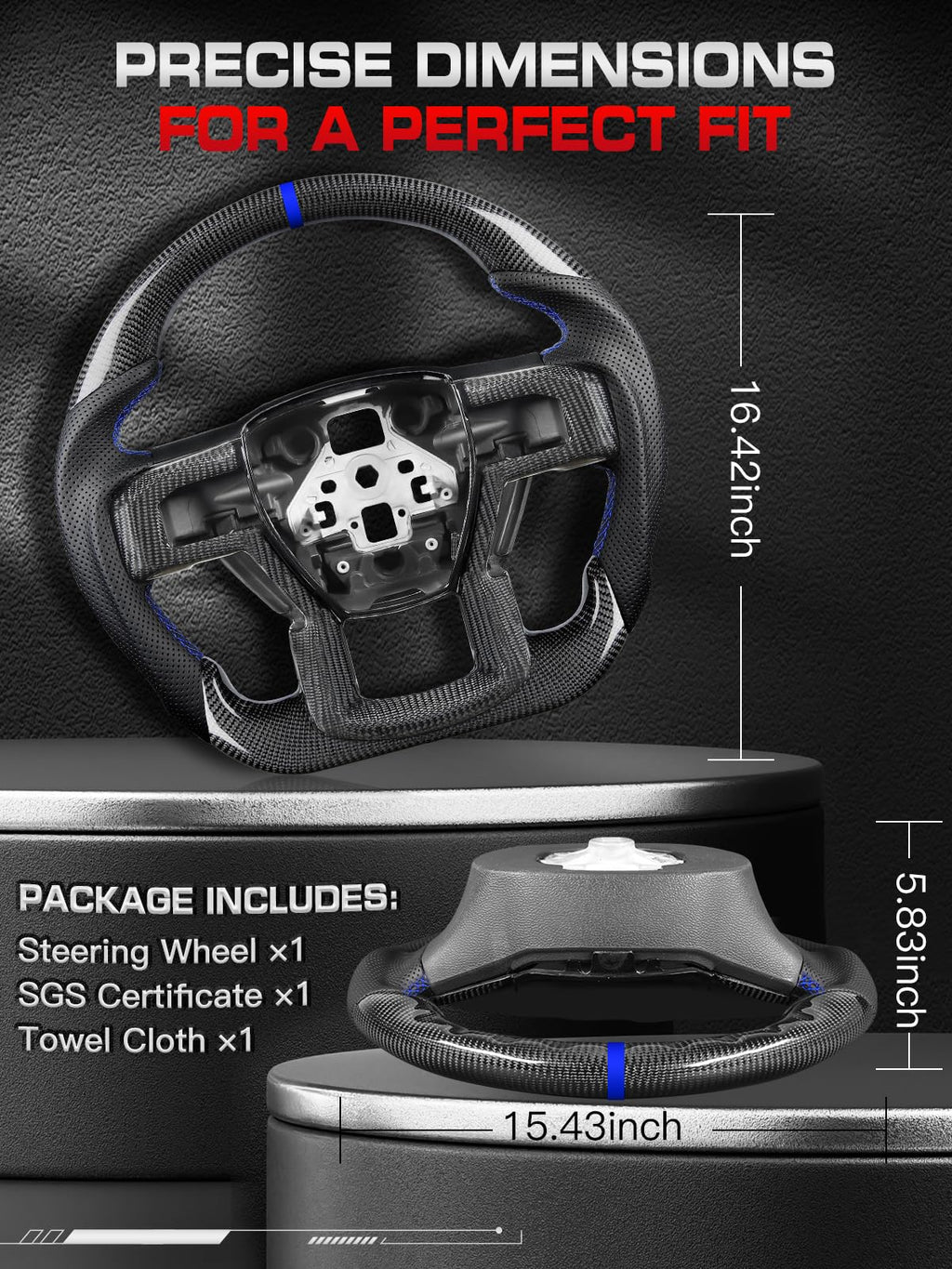 F150 Raptor Carbon Fiber Leather Steering Wheel Hand-Stitched Black