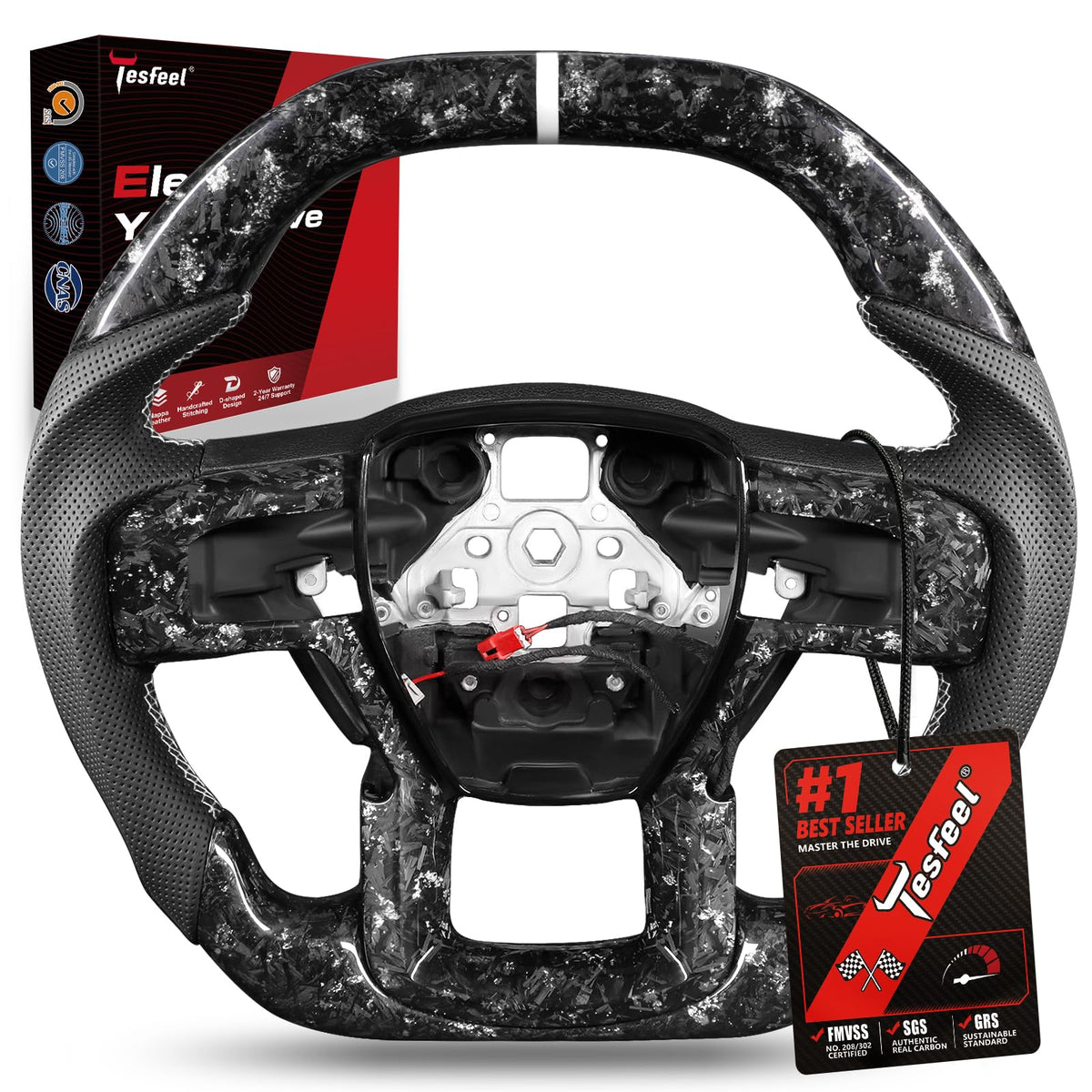 F150 Raptor Carbon Fiber Leather Steering Wheel Hand-Stitched Black