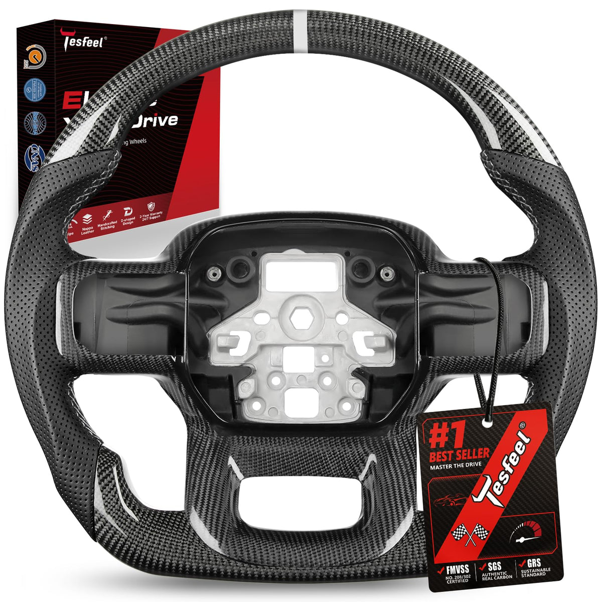 F150 Raptor Carbon Fiber Leather Steering Wheel Hand-Stitched Black
