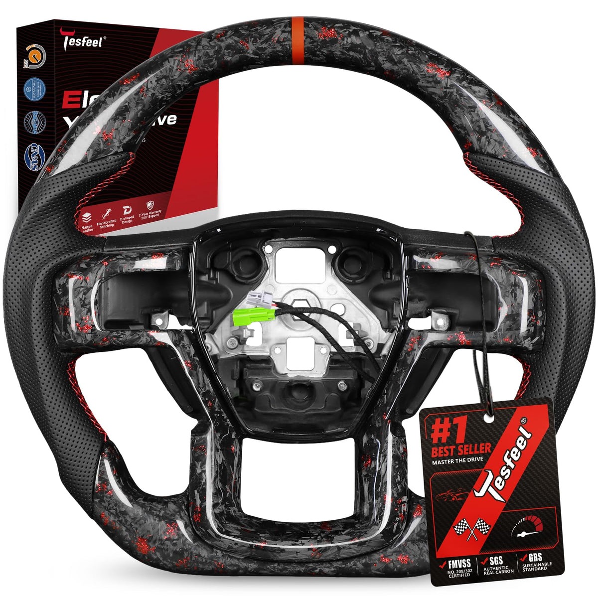 F150 Raptor Carbon Fiber Leather Steering Wheel Hand-Stitched Black