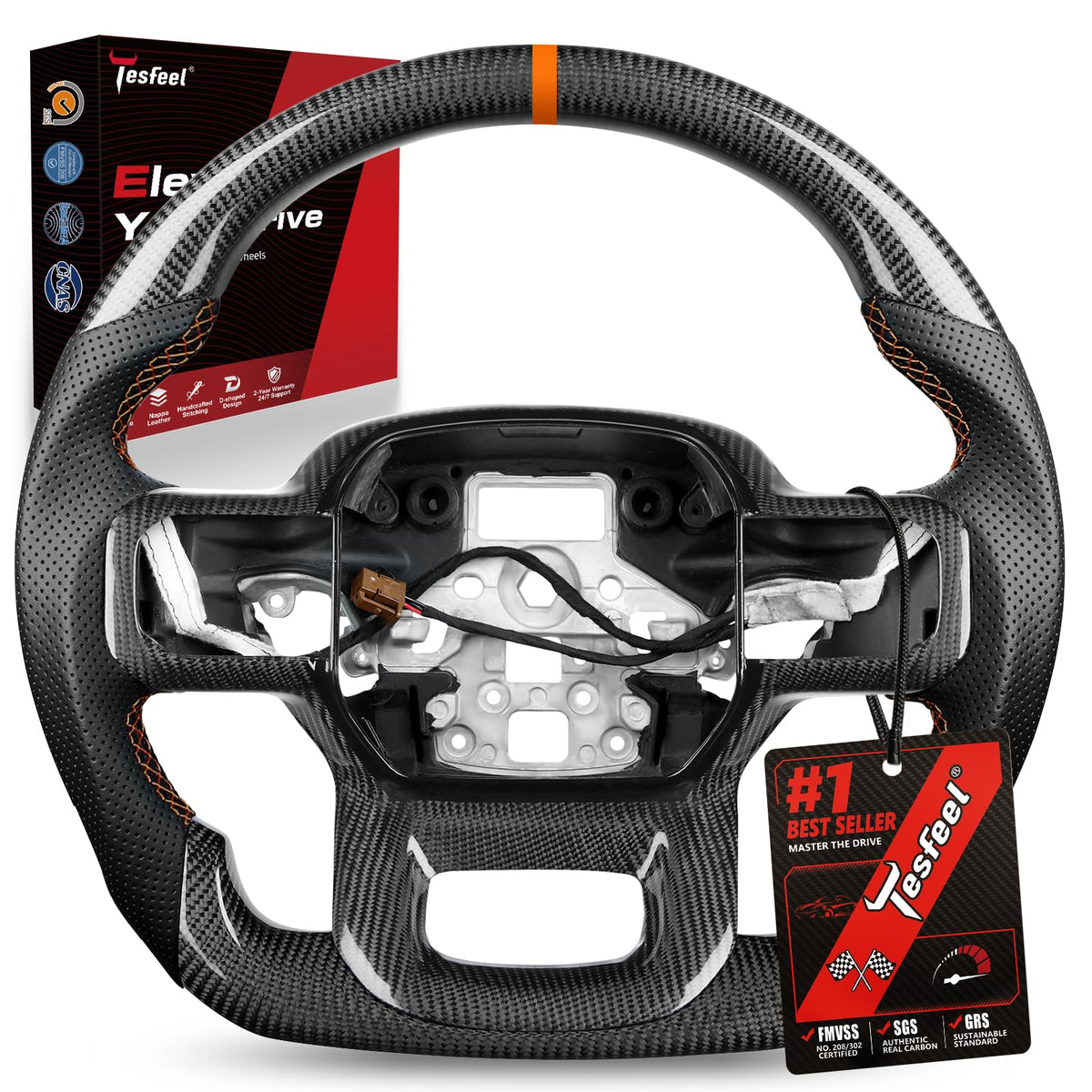 F150 Raptor Carbon Fiber Leather Steering Wheel Hand-Stitched Black