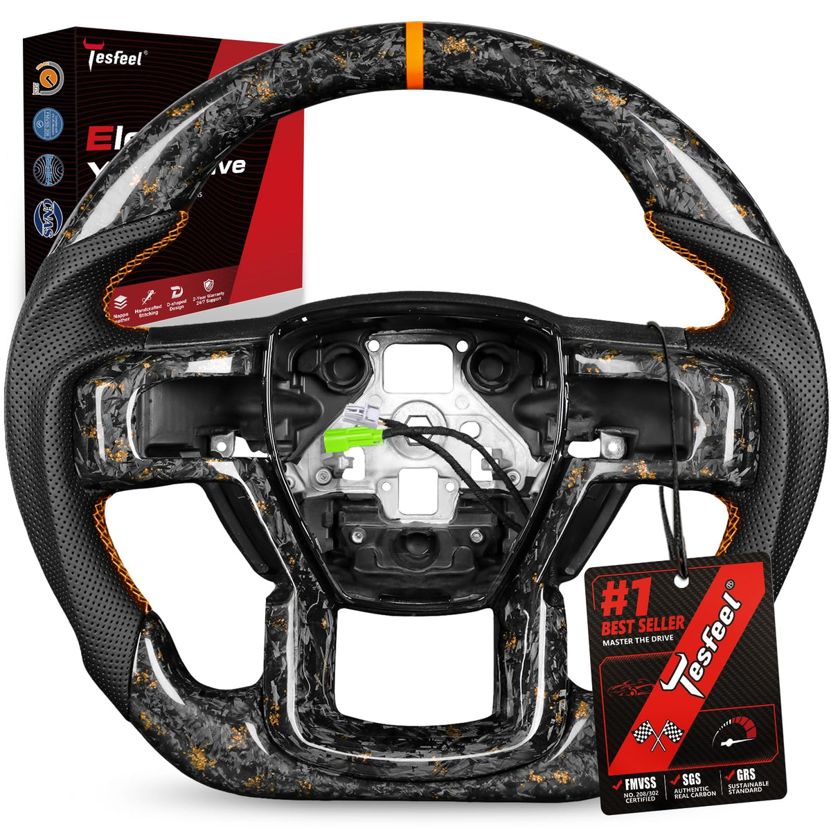 F150 Raptor Carbon Fiber Leather Steering Wheel Hand-Stitched Black