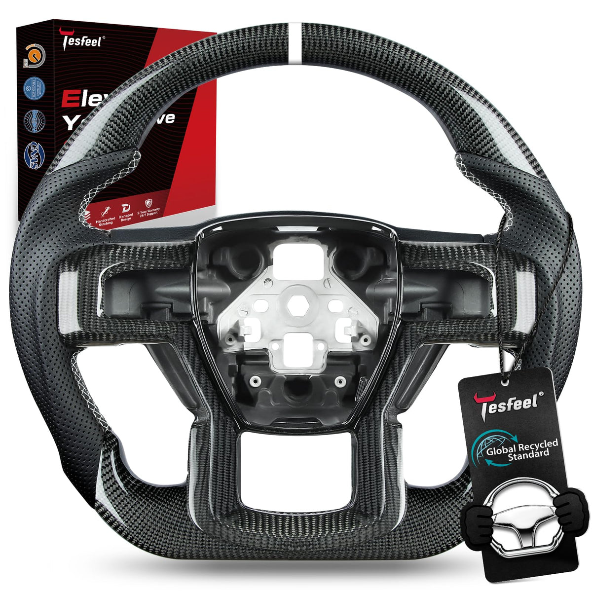 F150 Raptor Carbon Fiber Leather Steering Wheel Hand-Stitched Black