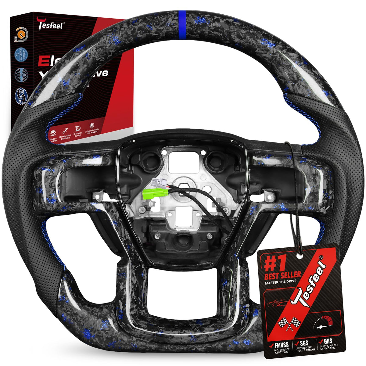 F150 Raptor Carbon Fiber Leather Steering Wheel Hand-Stitched Black