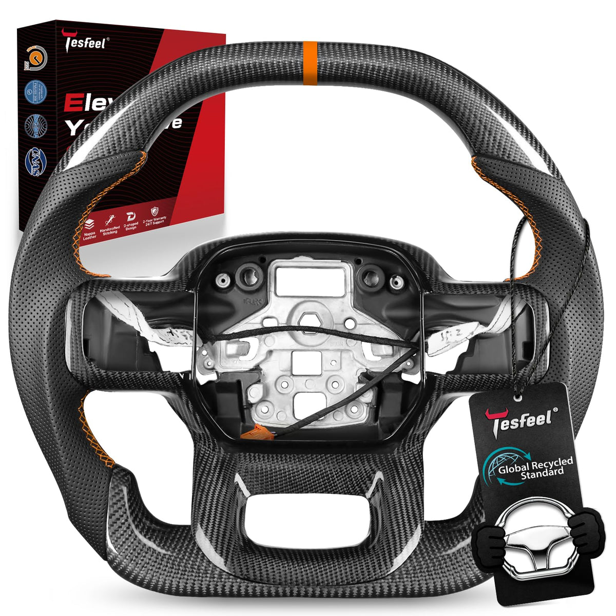 F150 Raptor Carbon Fiber Leather Steering Wheel Hand-Stitched Black