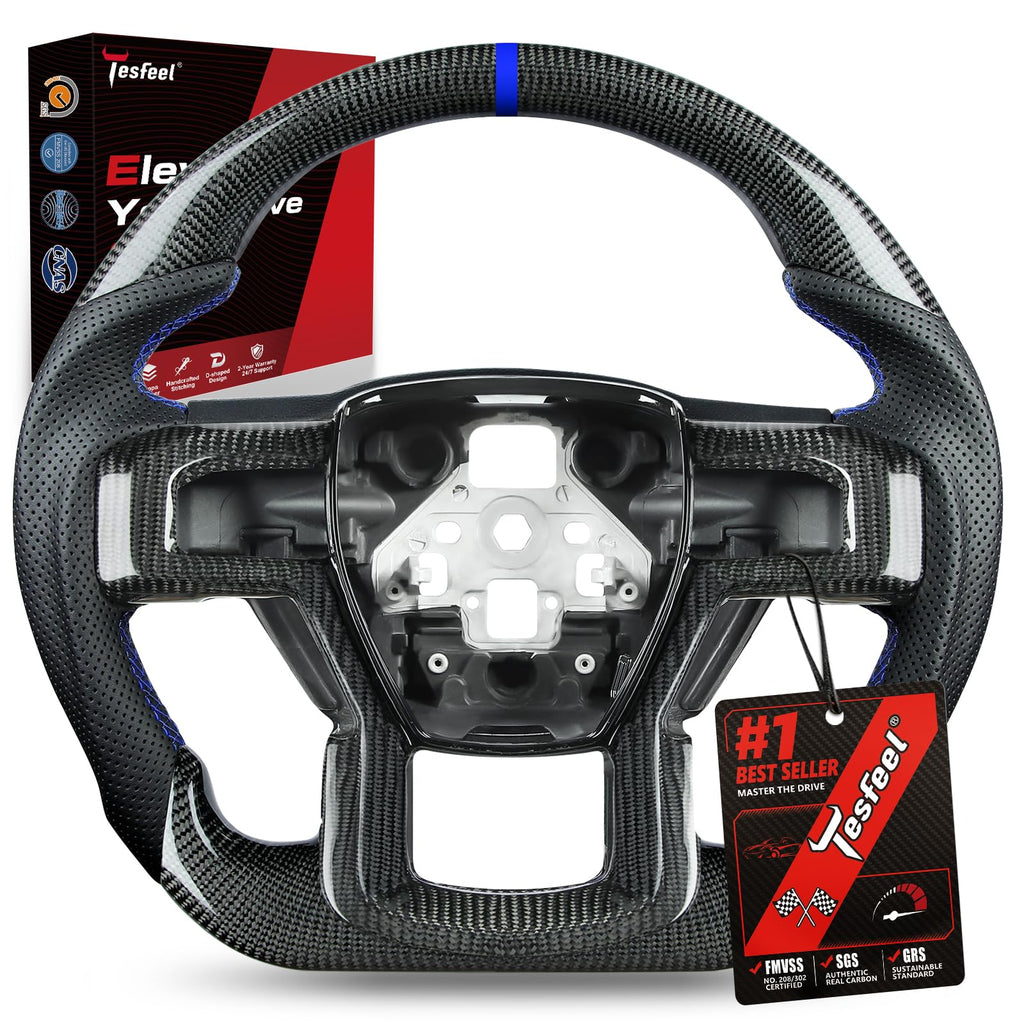 F150 Raptor Carbon Fiber Leather Steering Wheel Hand-Stitched Black