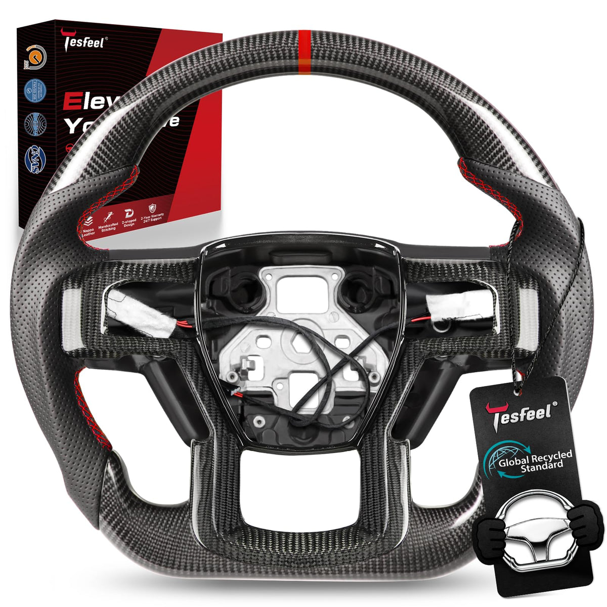 F150 Raptor Carbon Fiber Leather Steering Wheel Hand-Stitched Black