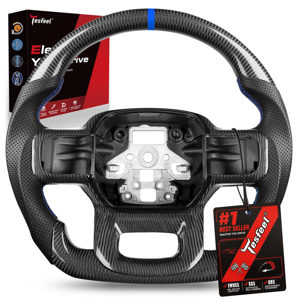 F150 Raptor Carbon Fiber Leather Steering Wheel Hand-Stitched Black