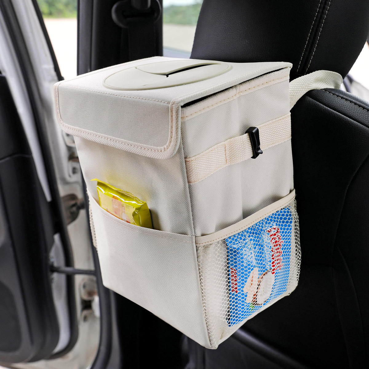 AOKJOY Car Trunk Organizer with Lid and Car Trash Can Beige